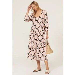 The Odells Lyla Petal Geo Print Square Neck Tiered Linen Midi Dress Size S